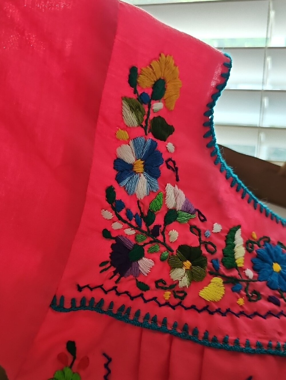 Hand-Embroidered Girl's Pink Mexican Dress - Picture 3 of 8